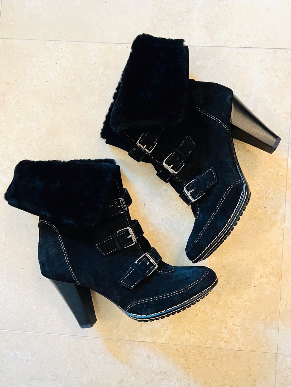 Sofft Skagen Black Suede Shearling High Heel Boots - NEW Never Worn - Size 8.5